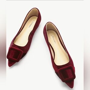 C. Pravano Square Buckle Accent Pointy Toe Velvet Magenta Flats